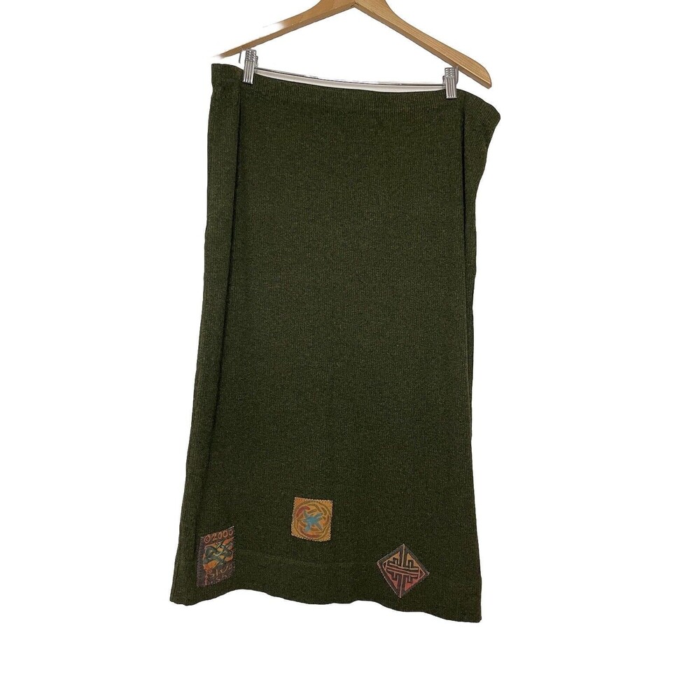 Blue Fish Women's Vintage Green Ribbed Celtic Patches Midi Skirt XL Cotton